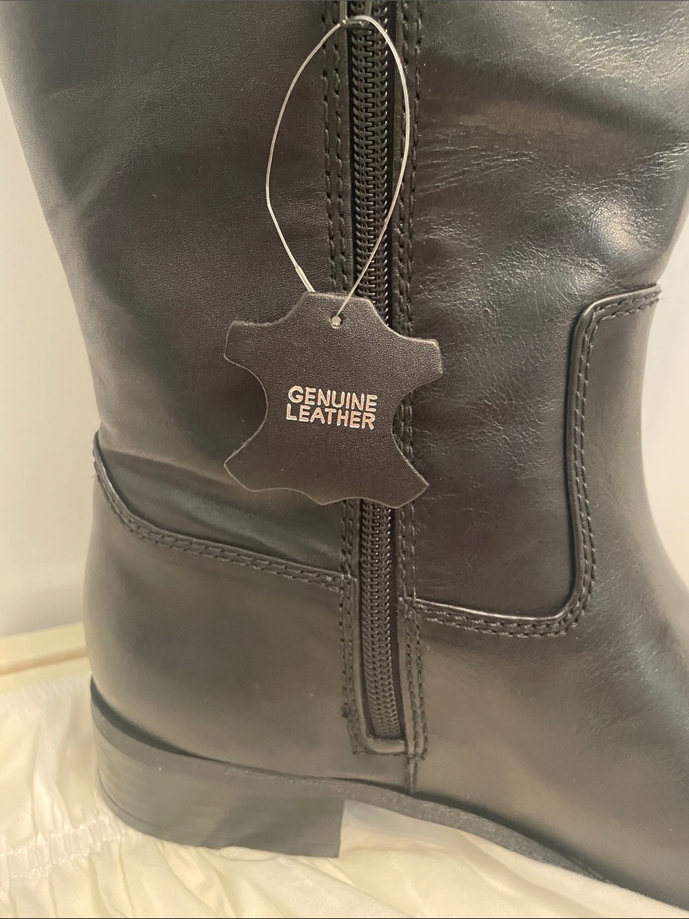 INC Black leather Riding Boots, Wide Calf, 18” Tall, 1” heel, side zip top loops - Picture 12 of 16